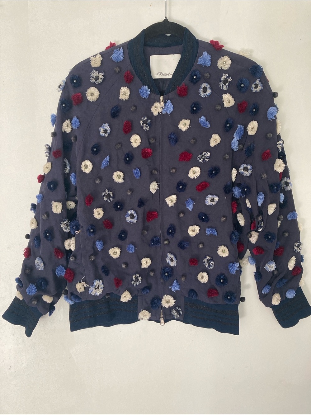 3.1 PHILLIP LIM Dandelion Pom-Pom Bomber Jacket Size 2 Blue Women Bohemian